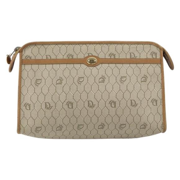 Christian Dior Honeycomb Canvas Clutch Bag PVC Beige Gold Auth bs31814